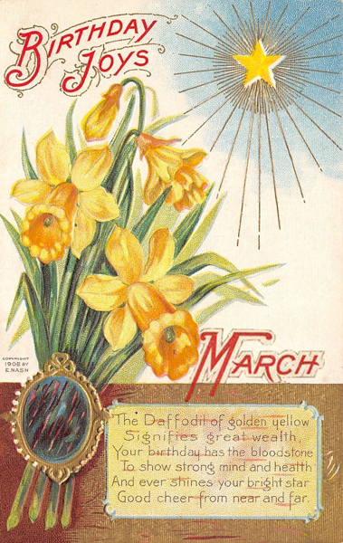 E. Nash Gem Birthday Series 1-03, March, Bloodstone, Daffodil